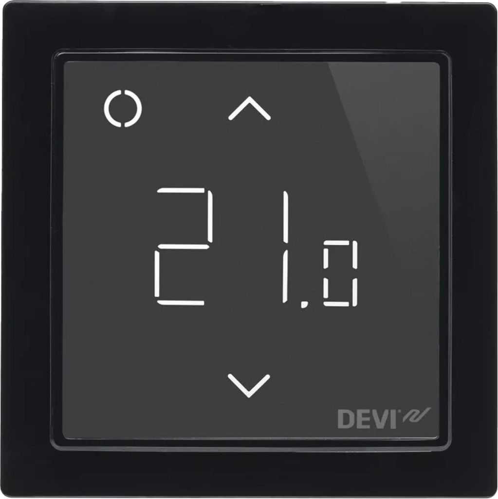 A digital thermostat with a black frame and a black screen displaying the temperature.