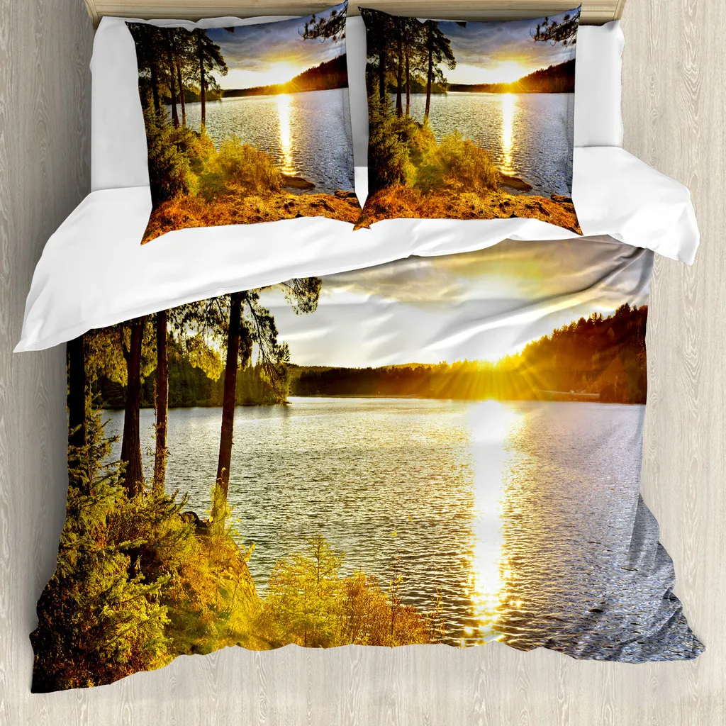ABAKUHAUS Copripiumino paesaggio, tramonto nella foresta canadese, antiacaro, adatto a chi soffre di allergie, con federe, 155 cm x 220 cm - 80 x 80 cm, multicolore