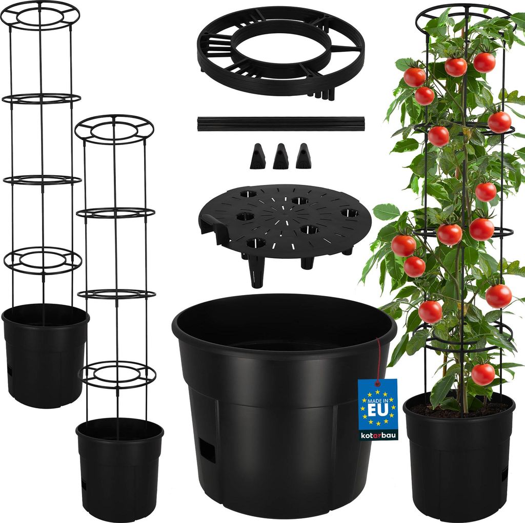 KOTARBAU 2er Set Tomatenpflanze Pflanzkübel 39 cm mit Rankhilfe 153 cm Tomatentopf für Balkon Pflanzenstütze Schwarz
