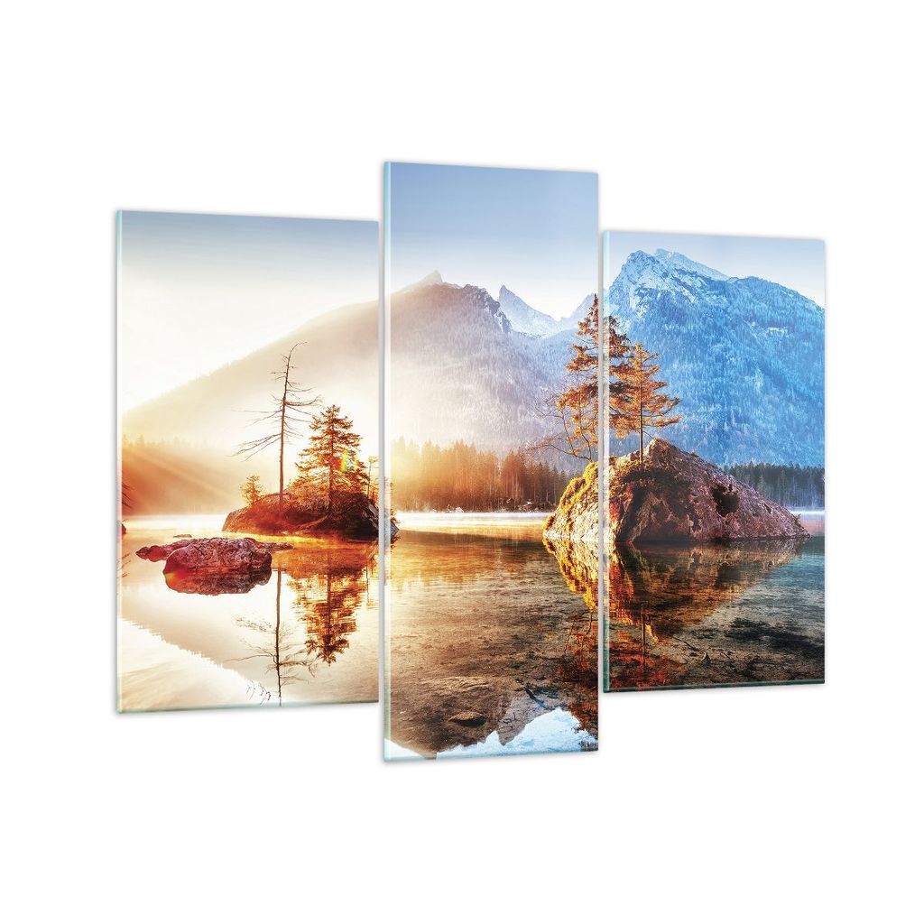 Bilder auf glas - 3 Teile - Morgendämmerung Berge See - 130x100cm - Glasbilder - Wandbilder - Bilder - Wanddekoration aus Glas - Glas Bilder - Wan...