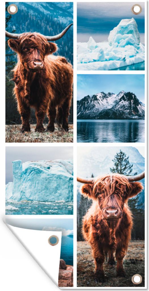 MuchoWow 30x60 cm Outdoor-Poster Gartendeko Sichtschutz Garten Poster für den Garten Schottischer Highlander - Eiscreme - Collage