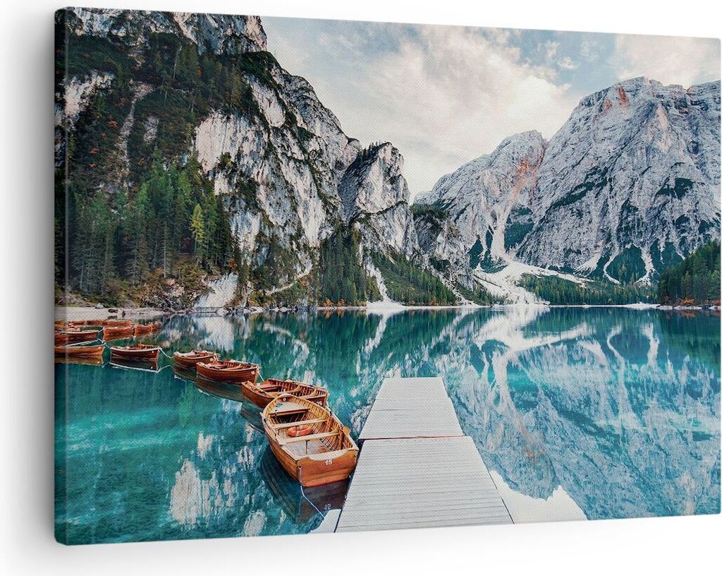 Bild auf Leinwand - Leinwandbild - Einteilig - Boote Berge Hafen - 70x50cm - Wand Bild - Wanddeko - Wandbilder - Leinwanddruck - Bilder - Wanddekor...
