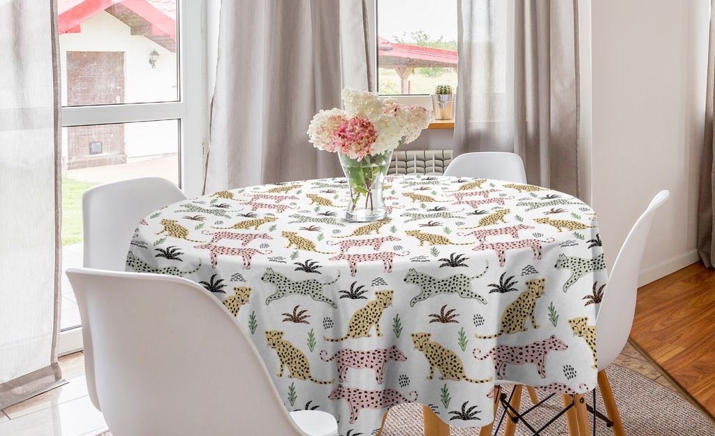 ABAKUHAUS Tierdruck Runde Tischdecke, Leopards, Kreis Tischdecke Abdeckung für Esszimmer Küche Dekoration, 150 cm, weiß Multicolor