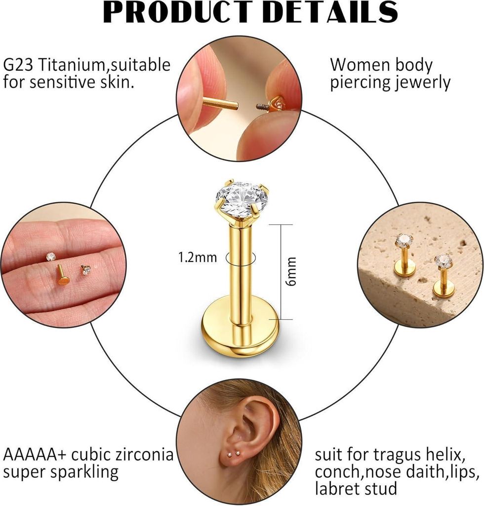 Helix Piercing Set Aus Chirurgenstahl – 4 Ohrstecker Mit Zirkonia, Gold/silber, Hypoallergen, Inkl. Einführhilfe, Für Ohr, Nase, Lippe