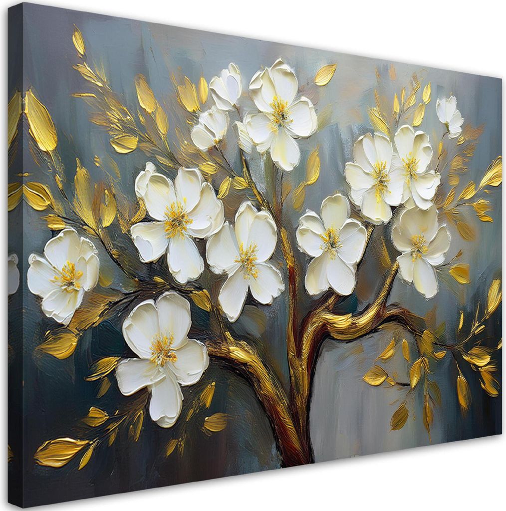 Leinwandbild Weiße Blumen Pflanzen Baum 120x80 Feeby Weiß bild für die wand bereit zum aufhängen