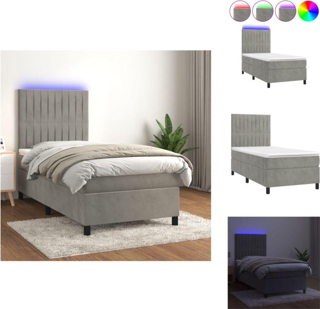 vidaXL Boxspringbett mit Matratze & LED Hellgrau 80x200 cm Samt - Betten & Bettgestelle