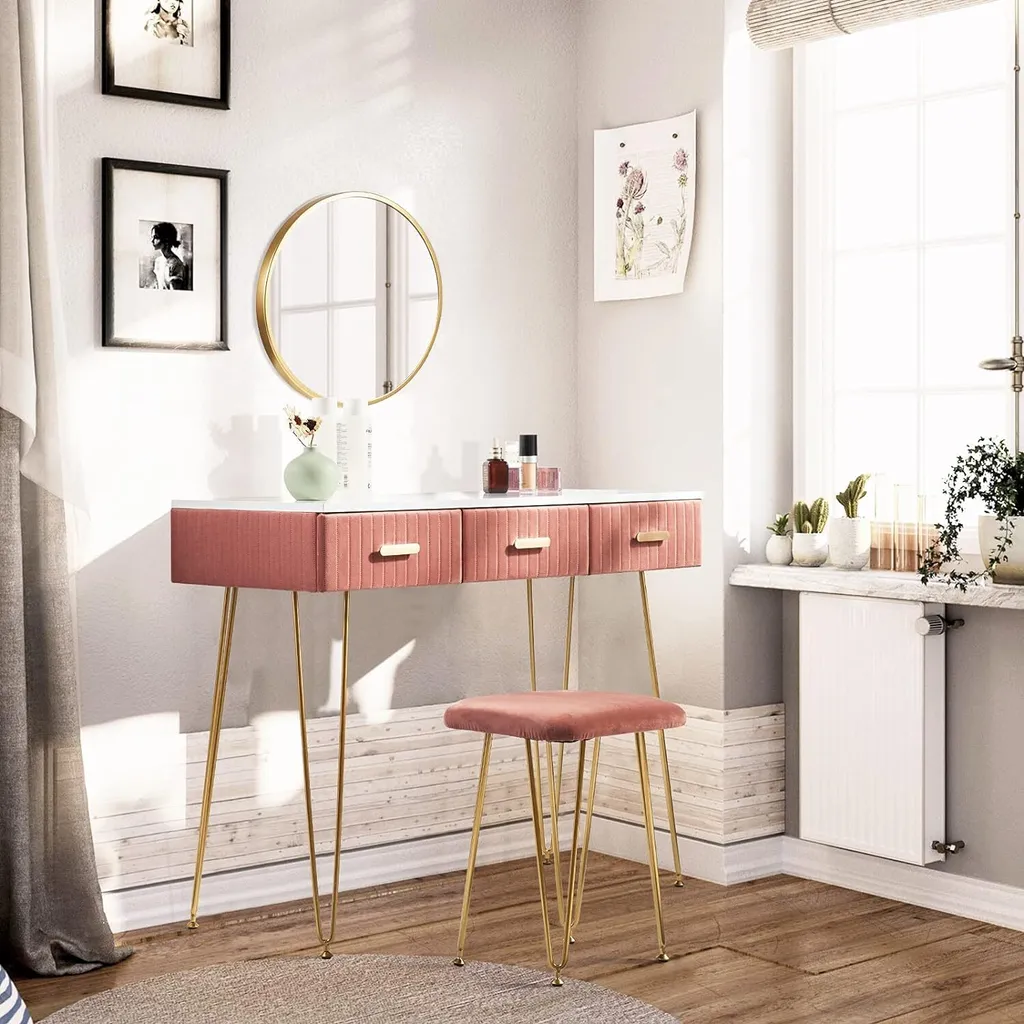 Table de Maquillage avec Miroir et Tiroirs - Meuble Coiffeuse Rose