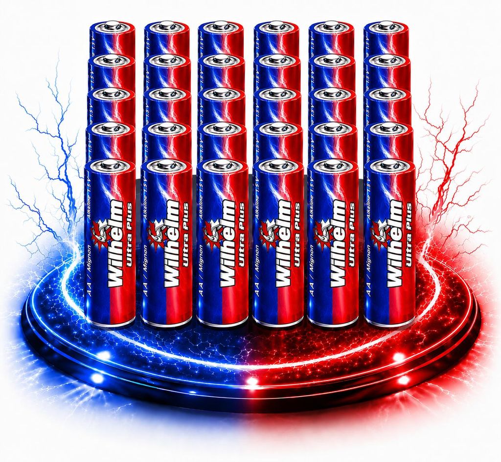 30 AA Mignon WILHELM Ultra Plus Alkaline Batterien im Produktbild  KI-generiertes Bild