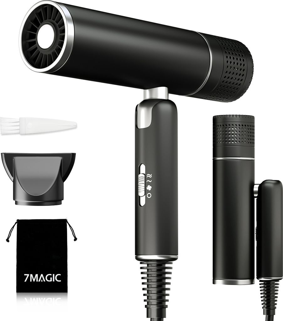 7Magic Haartrockner mit einzigartigem bürstenlosem Motor, Innovativer Mikrofilter, Oxy Active Technology, Super leichter, 1600W (Schwarz)