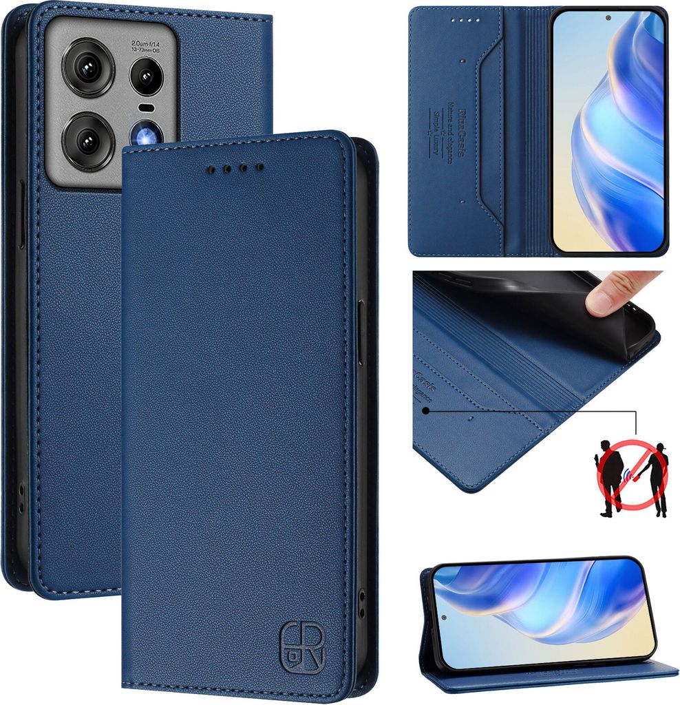 Lederhülle für Motorola Edge 50 Pro Hülle Flip Brieftasche Kartenfächern Ständer Schutzhülle Blau