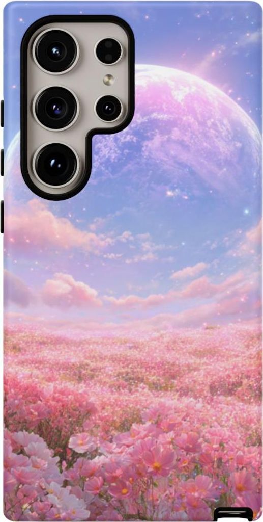 Blumenwiese in Rosa mit leuchtendem Planeten – Hülle Kompatibel mit Samsung Galaxy S24 Ultra