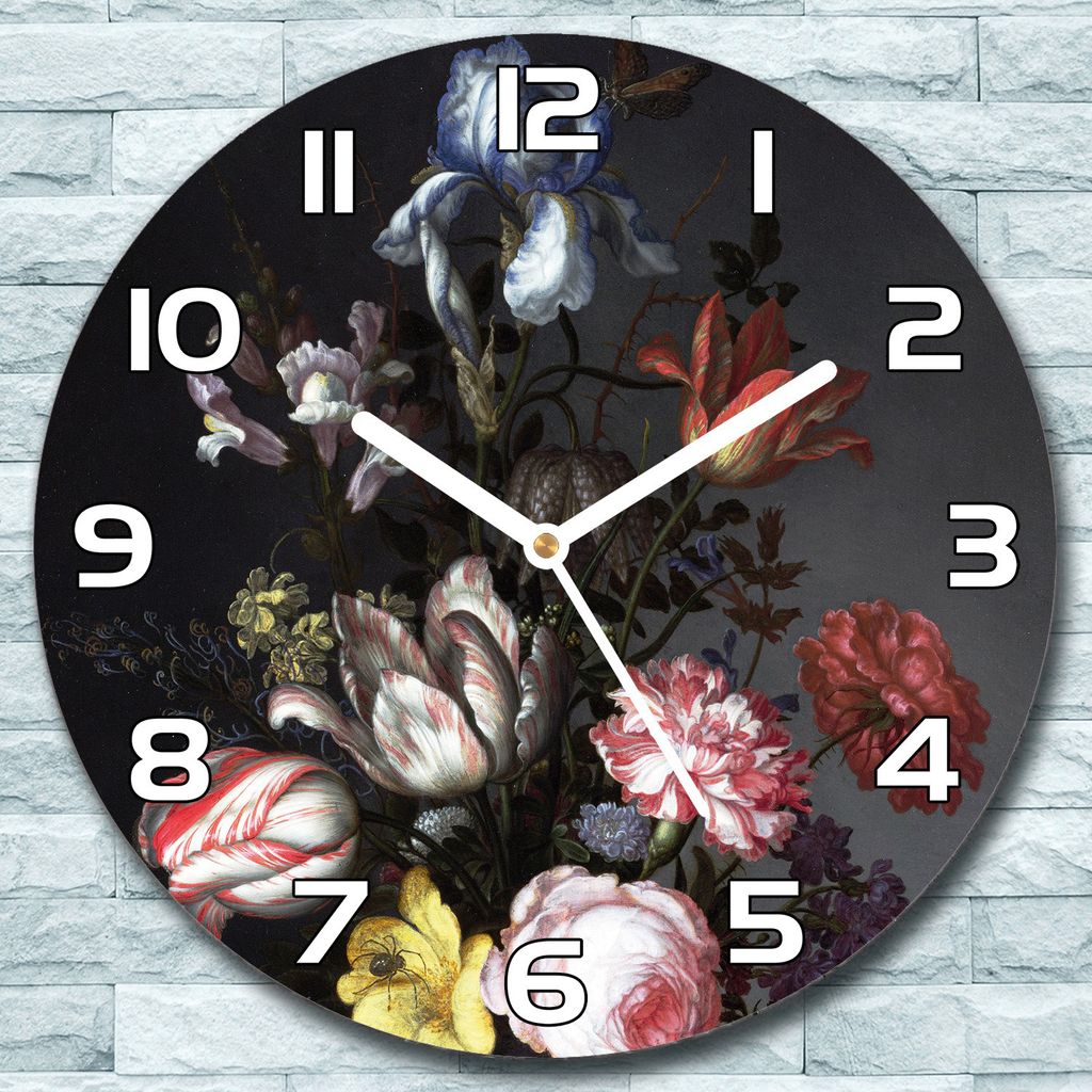 Wanduhr aus Glas Rund fi 30 Dunkler Blumenstrauß Quarz Deko Schlafzimmer Büro