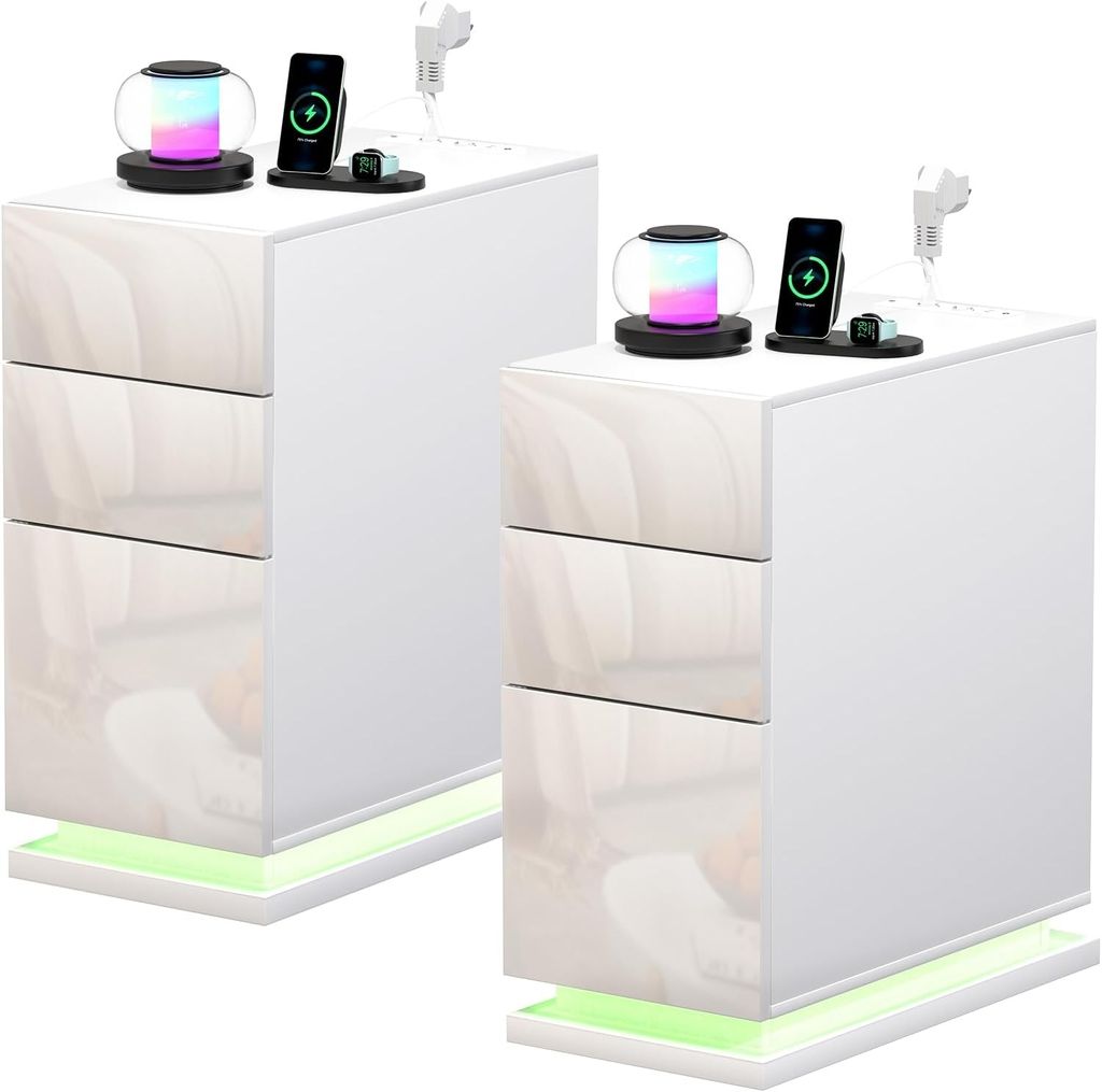 2x Schmaler Nachttisch mit Steckdose & USB,Nachttisch LED Produktbild 