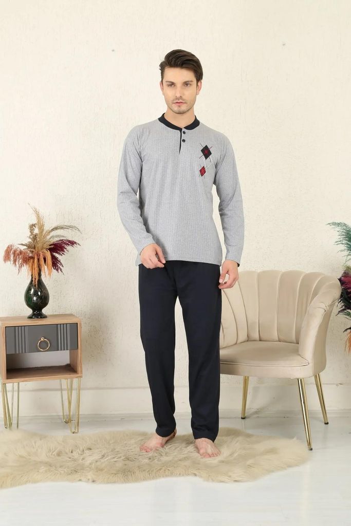 Herren Pyjama Schlafanzug Baumwolle Lang 2-Teiler Set Produktbild 