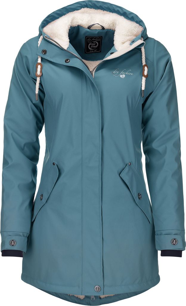 Dry Fashion Damen Regenmantel Malmö - Frauen Regenjacke Jacke mit Kapuze Lang Winddicht Wasserdicht Gefüttert mit Teddyfleece in Petrol Größe 48