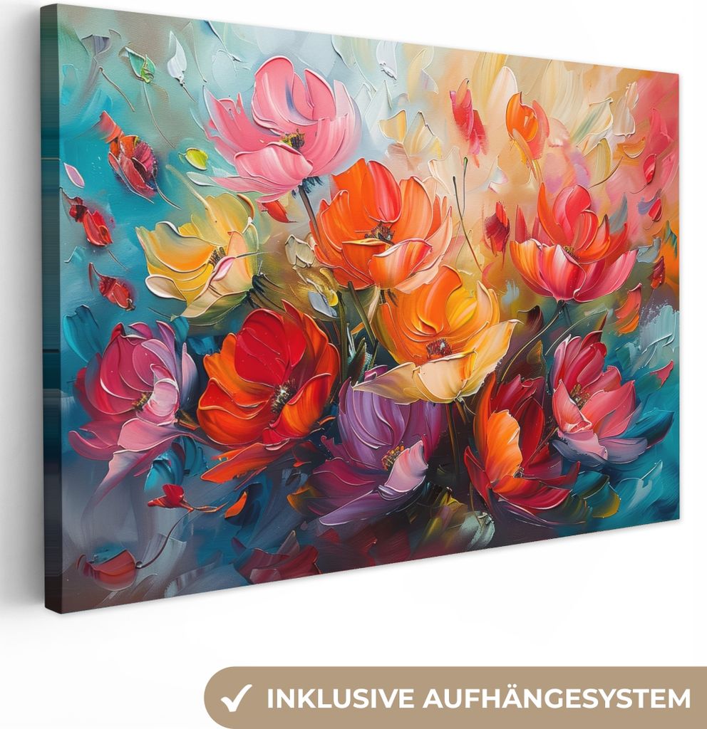 Leinwandbilder 90x60 cm - Blumen - Farbenfroh - Malerei - Abstrakt - Kunst, Leinwand Bilder, Wanddeko, Bild
