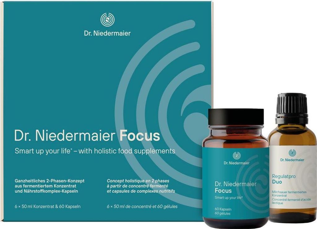 Dr. Niedermaier Focus | 6 x 50 ml Konzentrat + 60 Kapseln | 2-Phasen-Konzept | mit Ginkgo, Heidelbeer-Extrakt & Q10