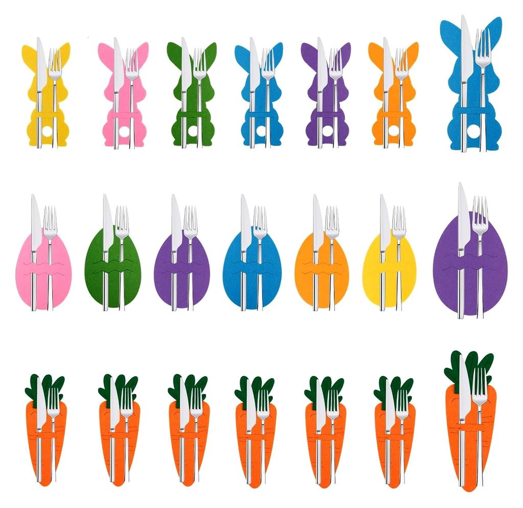 18pcs Bestecktasche Filz Hase, Besteckhalter Osterhase, Hasenform/Eiförm/Karottenförm, Set Deko Ostern Hase Besteck Tasche, Eiförm Filz Besteckt...