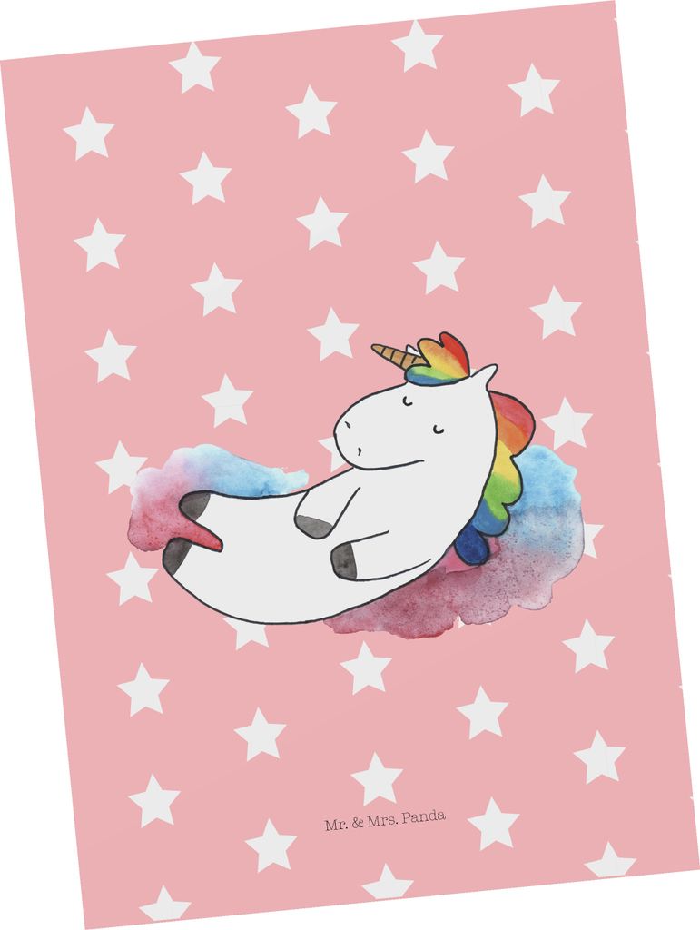 Mr. & Mrs. Panda Postkarte Einhorn Wolke 7 - Rot Pastell - Geschenk, Grußkarte, bildkarte, Postkarten, Glaube, Fotokarte, Ansichtskarte, Menschen,...
