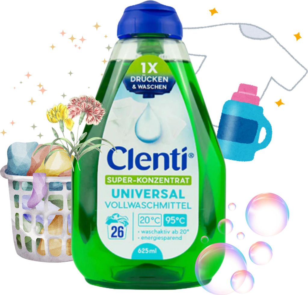 CLENTI Universal Waschmittel Flüssig 625ml mit Dosierkappe - 26 Waschladung Super-Konzentrat
