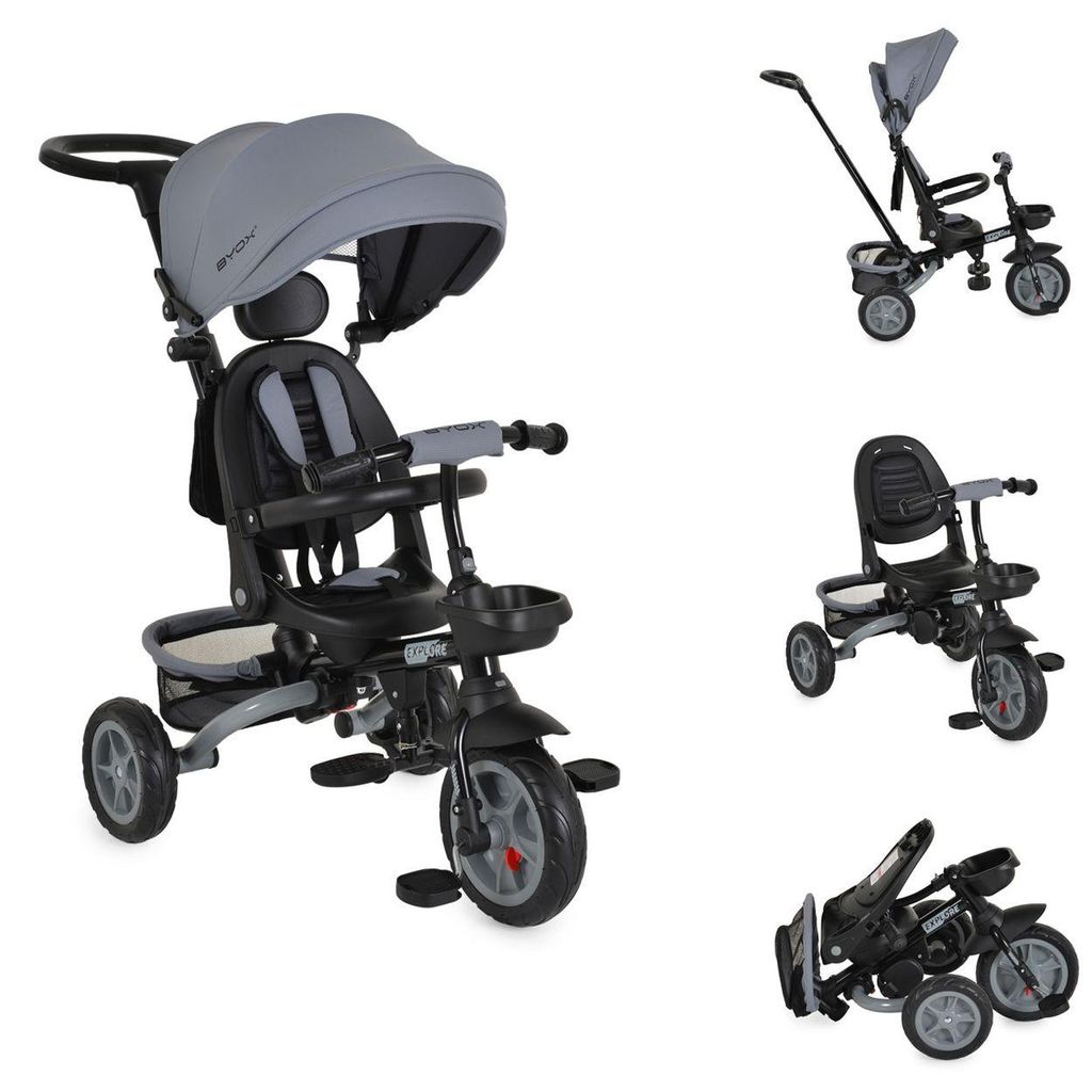 Byox Tricycle Explore 3 in 1 Dreirad umkehrbarer Sitz Schiebegriff Körbe Pedale dunkelgrau