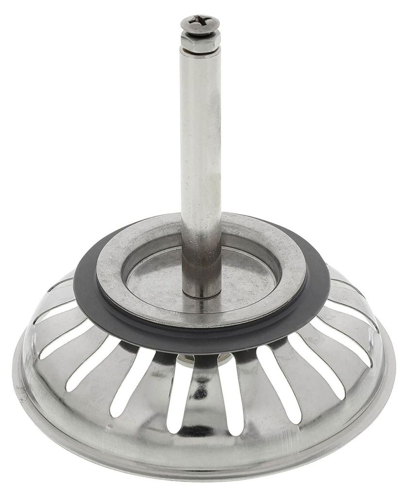 A stainless steel sink strainer basket with a central rod and a rubber gasket.