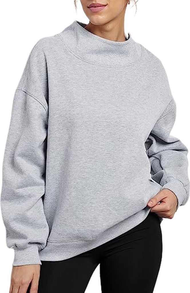 ASKSA Damen Sweatshirt Hochkragen Langarm Pullover Outdoor T-Shirt Tops Herbst Winter Oberteile, Grau, M