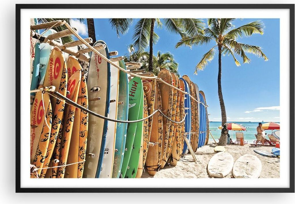 Gerahmtes Poster - Schwarzer Rahmen - Board Surfen Strand - 91,5x61 cm - Wand Bild - Wanddeko - Wandbilder - Kunstposter - Wandposter - Bilderrahme...
