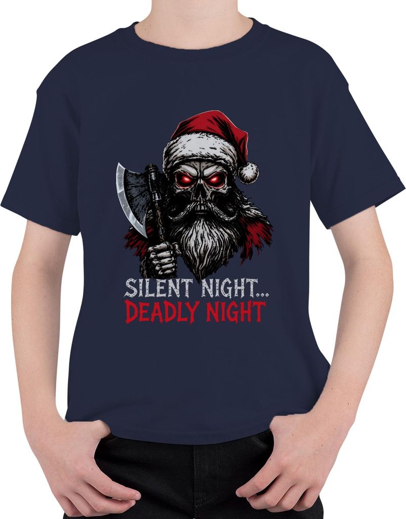 Silent Night Deadly Night Skelett Weihnachtsmann Axt Horror Uni Kinder T-Shirt, Navy, 152