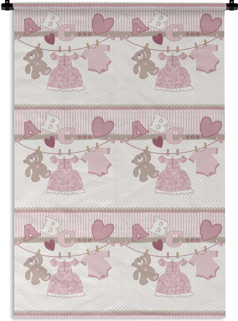 MuchoWow Wandteppich Wandbehang Babykleidung - Mädchen - Teddybär - Wäscheleine - Design 120x180 cm Tapisserie Dekoration Wandtuch - Schlafzim...