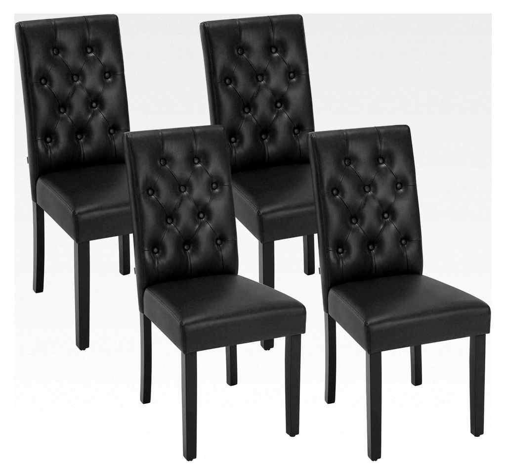 Esszimmerstühle 4er Set, Küchenstuhl mit hoher Rückenlehne, gepolsterter Stuhl aus Kunstleder mit Holzbeinen, Schwarz
