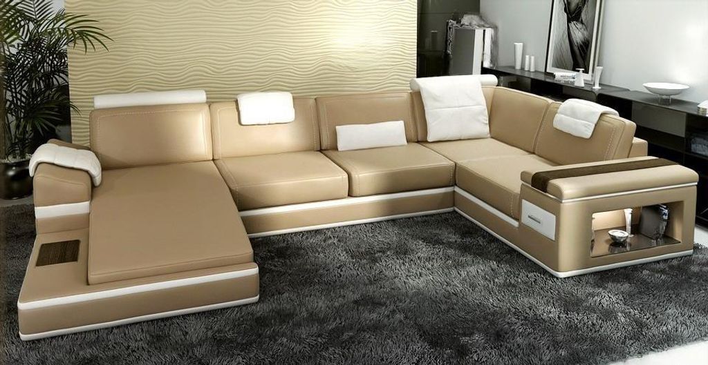 Ecksofa Sofa Couch Polster Leder Garnitur Wohnlandschaft Ecke Wohn Beige PHM104