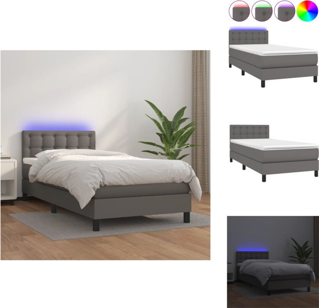 vidaXL Boxspringbett mit Matratze & LED Grau 90x200 cm Kunstleder - Betten & Bettgestelle