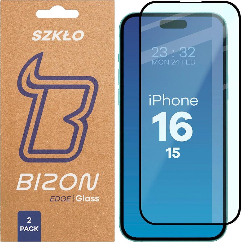 Gehärtetes Glas für iPhone 15 / 16, Bizon Glass Edge Duo, Schwarzer Rahmen, 2 Stück