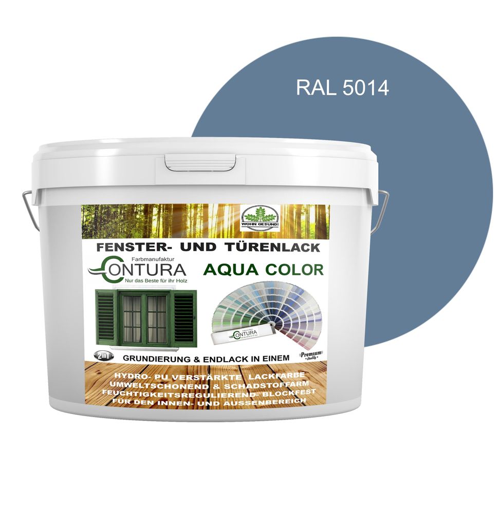 Contura 2Liter Fenster und Türenlack Glänzend nach RAL 2in1 mit Pinsel Möbellack Innen und Außen Holzlack - RAL 5014 Taubenblau