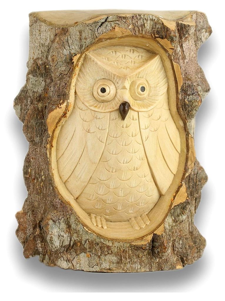 ART-CRAFT Holz Eule handgeschnitzt in einem halben Baumstamm aus Krokodilholz 15cm