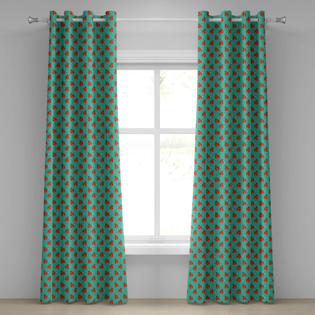 ABAKUHAUS Modern Ösenvorhang, Nette Marienkäfer mit wenig Stern-Motiv-Frühlings-Natur-Muster auf blauem Hintergrund, Dekorative 2-Panel-Fensterv...