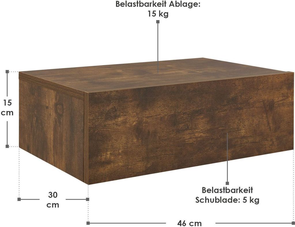 Juskys Wandregal Nachttisch hängend 2er Set Holz 46x30x15 cm BTH - 1 Schublade & Ablage pro Nachtkommode - Wandmontage - Nachtschrank Natur