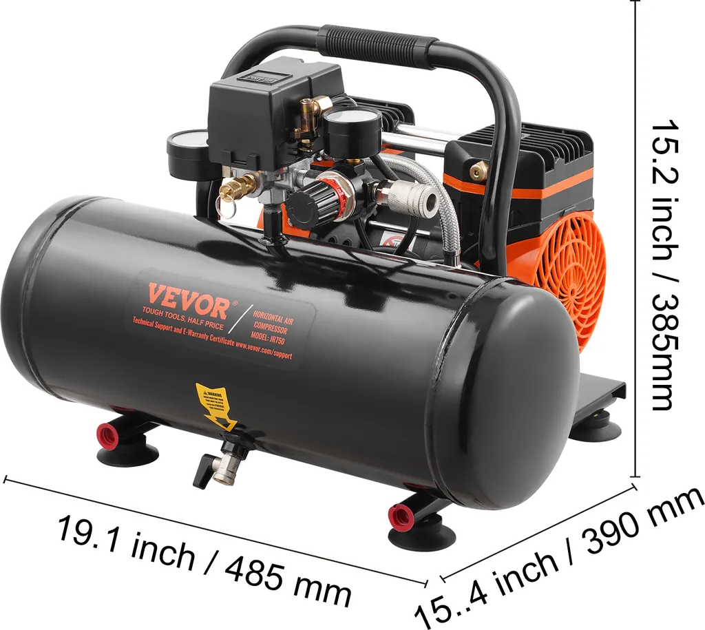 Compressore d'aria VEVOR, serbatoio d'acciaio da 2 galloni, 1 HP, 2,5 CFM, 8 bar, compressore d'aria senza olio e pressione massima di 120 PSI, 81 dB, compressore portatile ultra-silenzioso, per riparazioni auto, gonfiaggio pneumatici - 8