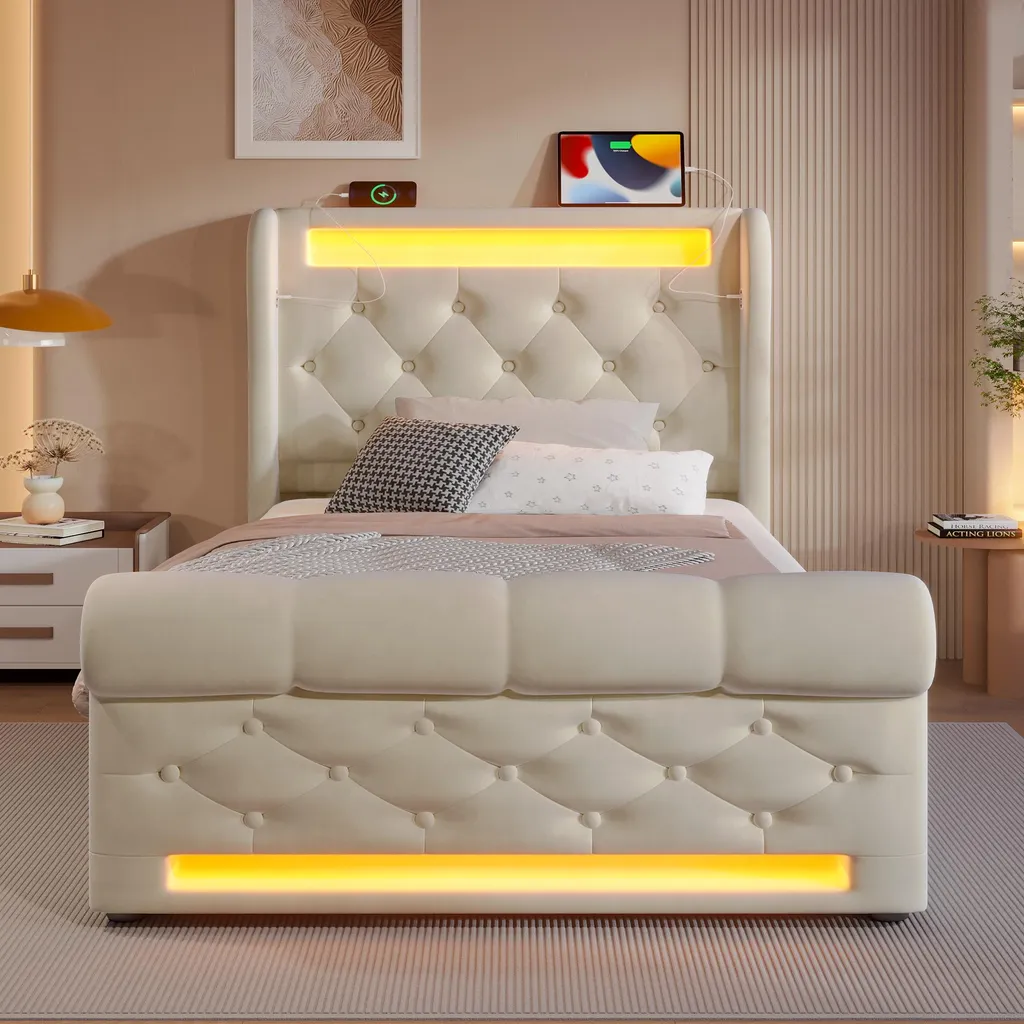 Lit rembourré 90x200 beige avec coffre de rangement et LED intégrées - 2