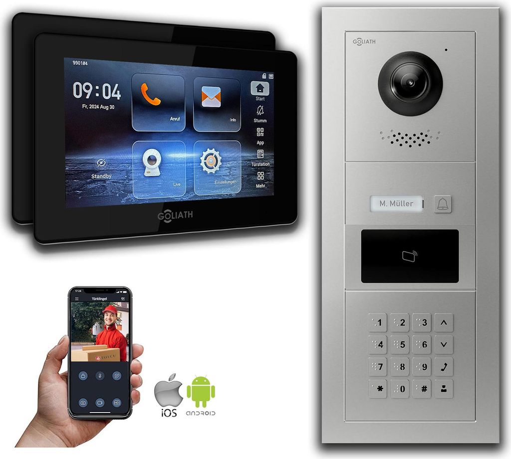 Goliath IP Video Türsprechanlage mit Kamera 7-Zoll Zahlencode RFID Silber : Unterputzdose : 7 Zoll in Schwarz : 2 Monitore Anzahl: 2 Monitore Farb...