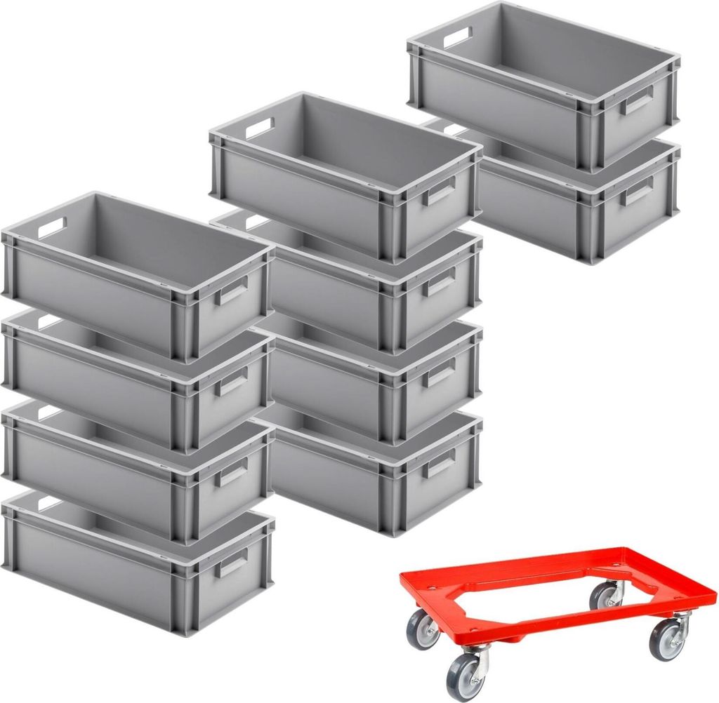 SparSet 10x Eurobehälter mit offenem Griff & 1x Transportroller Rot | HxBxT 17,5x40x60cm | 30 Liter | Eurobox, Transportbox, Transportbehälter, S...