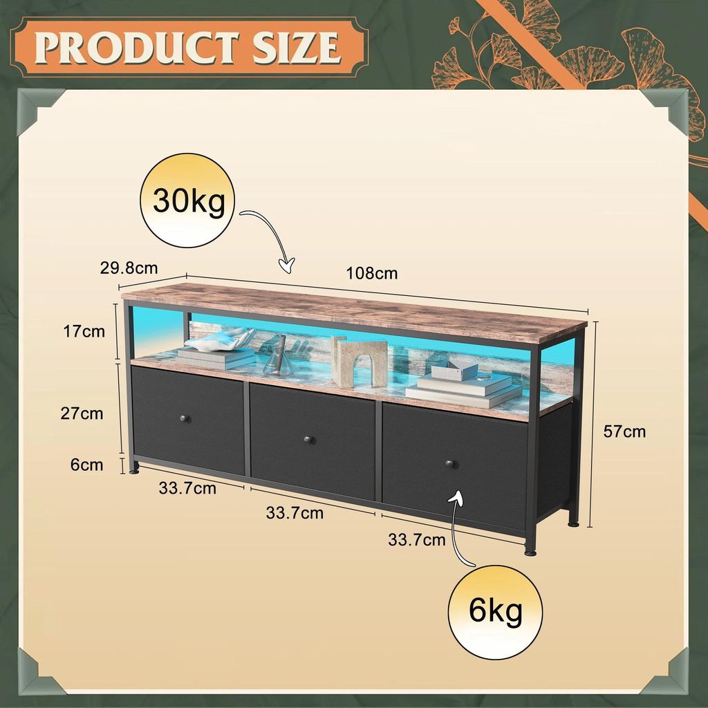 Modernes TV-Lowboard - Fernsehtisch mit LED-Beleuchtung - 3 herausnehmbare Schubladen - 108×30×57 cm - Holz und Metall - Modell Cabinet E