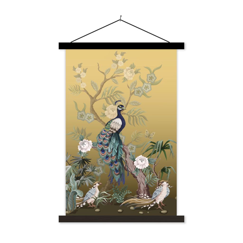 MuchoWow Textilposter Pfau - Rosen - Gold - Pfauenfedern - Luxus 120x180 cm mit schwarzem Rahmen - Fotos