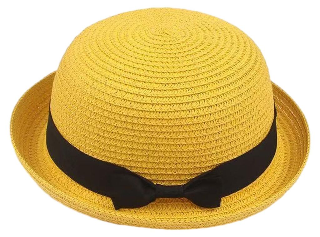 Eltern-Kind-Strandhut, gewölbte Krempe, UV-Schutz, handgewebter Sommer-Strohhut mit schwarzer Satinschleife