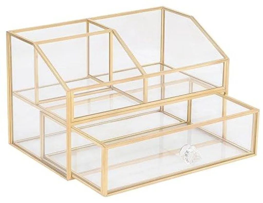 Organiseur de tiroir en métal doré et verre pour maquillage et bureau