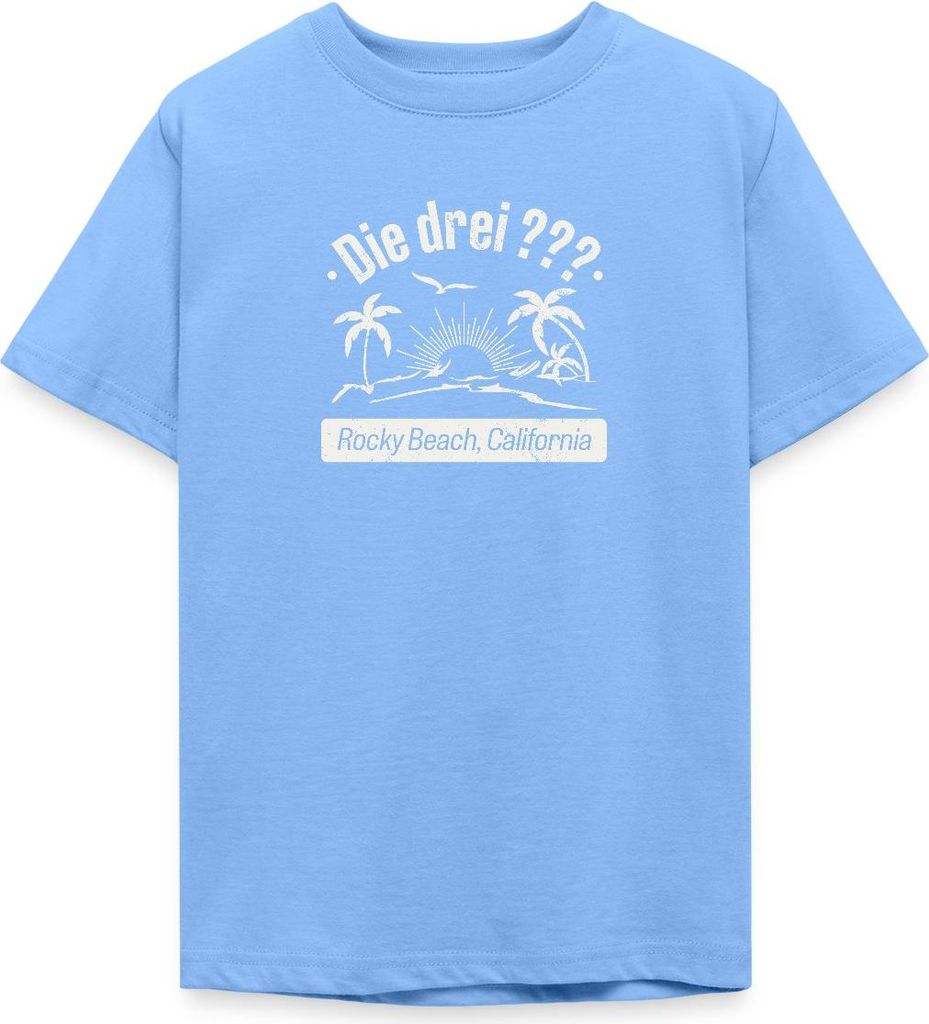 Spreadshirt Die Drei Fragezeichen Rocky Beach Design Mit Palmen Teenager T-Shirt, 134/146 (9-11 Jahre), Himmelblau