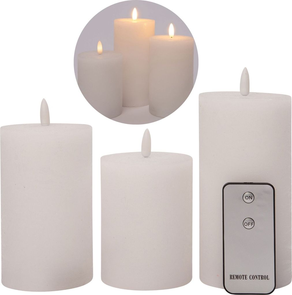 3er Set Led Kerzen 7,5cm ø Kerze flackernde Flamme mit Fernbedingung WEISS 15 cm + 12,5 cm + 10 cm Höhe, LED Kerzen mit Timerfunktion, 3 AAA Batt...