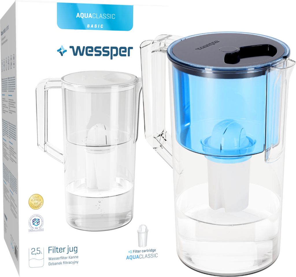 Wessper Wasserfilterkanne 2.5 L Kompatibel Mit Brita Classic , Wasser Filtersystem zur Reduzierung von Kalk, Chlor | + Wasserfilter Blau