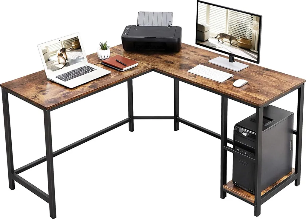 Grand bureau informatique d'angle style industriel 138cm bois et noir